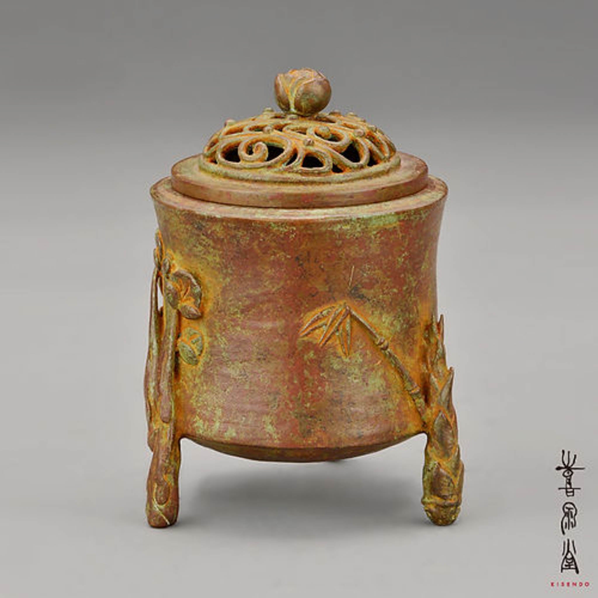 中国 古銅宣徳銅 松竹梅鳥文 香炉 一對 M 5564