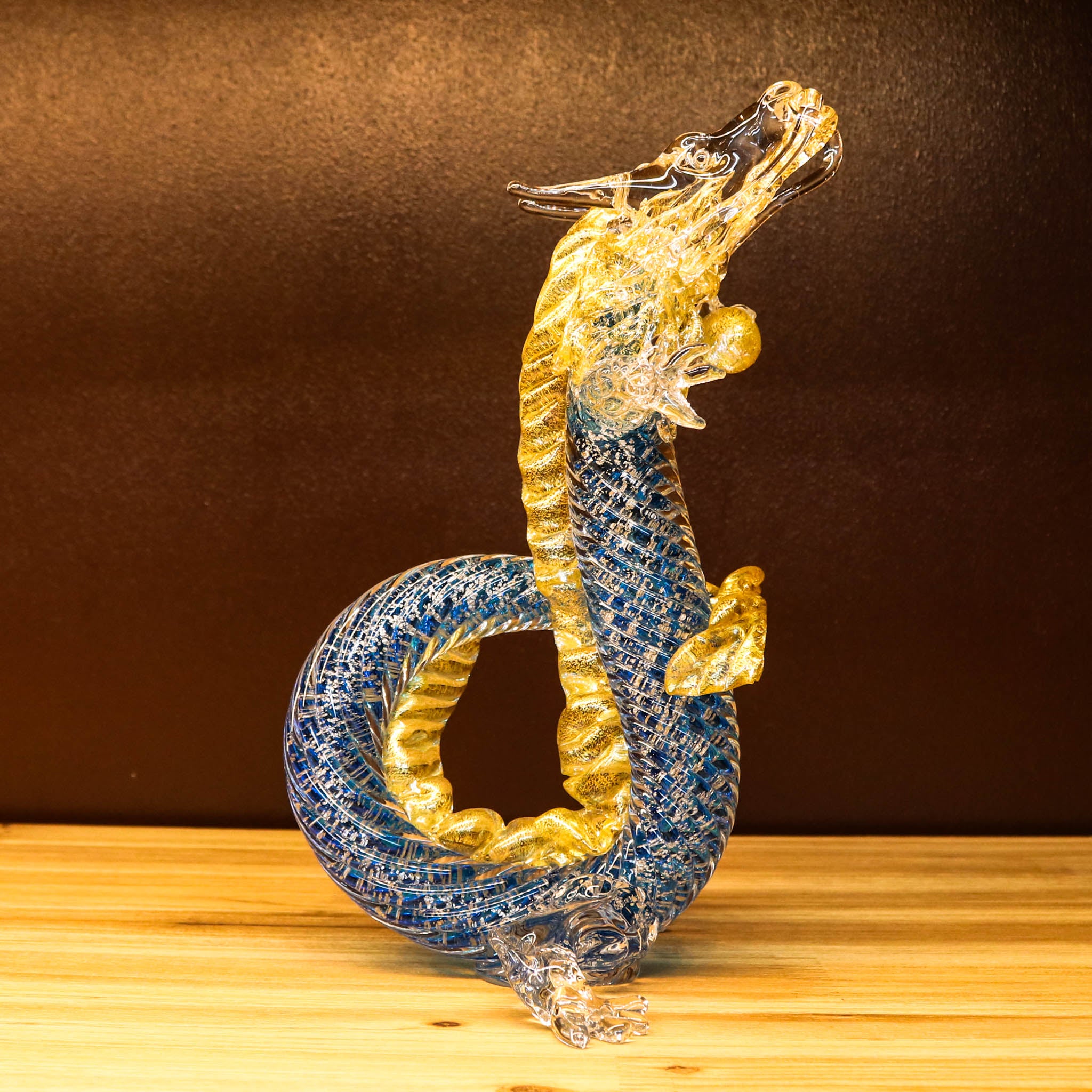 綾ガラス 置物 | 金竜 | オーシャンブルー | グラスアート黒木