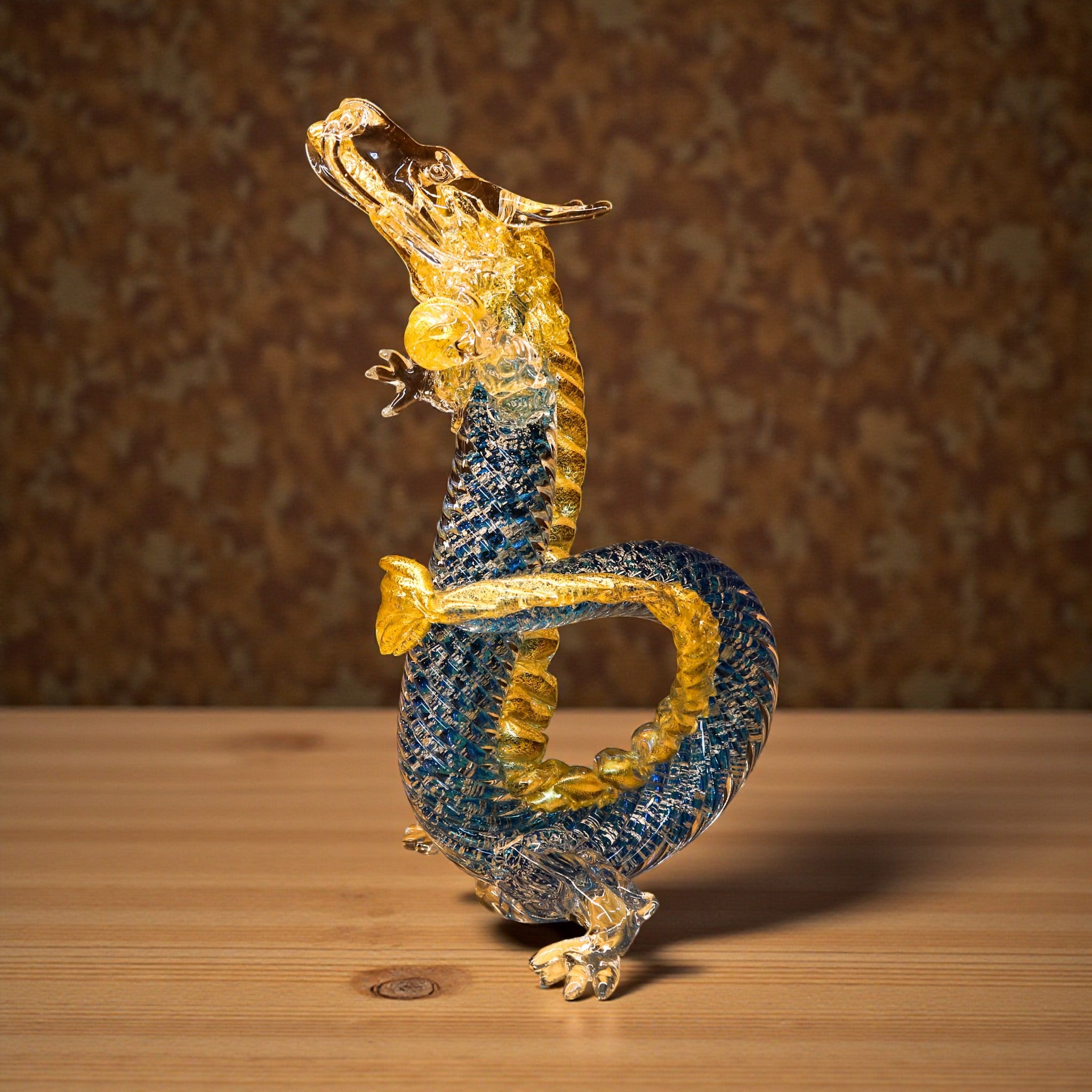 綾ガラス 置物 | 金竜 | オーシャンブルー | グラスアート黒木