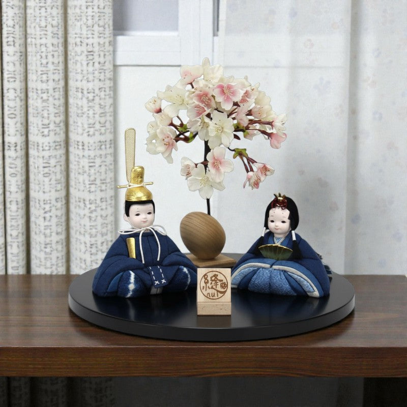 雛人形セット 藍染 | 藍染づくし 金箔仕様 | 丸型黒塗り台 | 工房 縫nui