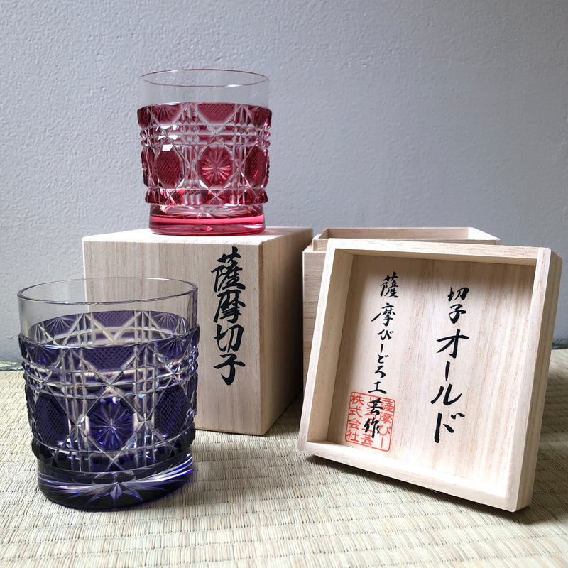 薩摩切子　 最高級　薩摩びーどろ工芸　ロックグラス　オールド　藍カットグラス