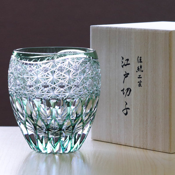 江戸切子 ロックグラス | 蓮華 | 緑 | 東亜硝子工芸
