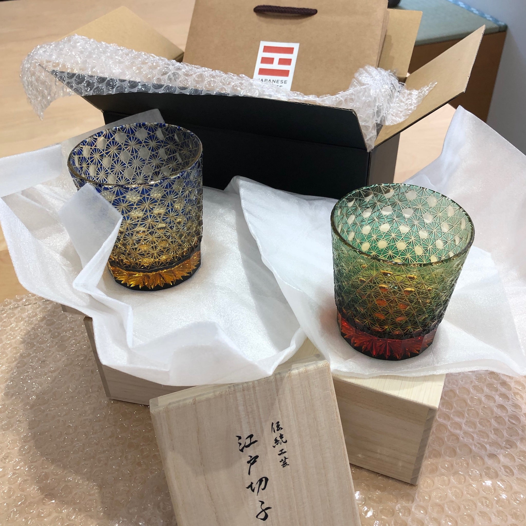 江戸切子 オールドグラス | 縁繋ぎ | 琥珀 グリーン | 山田硝子